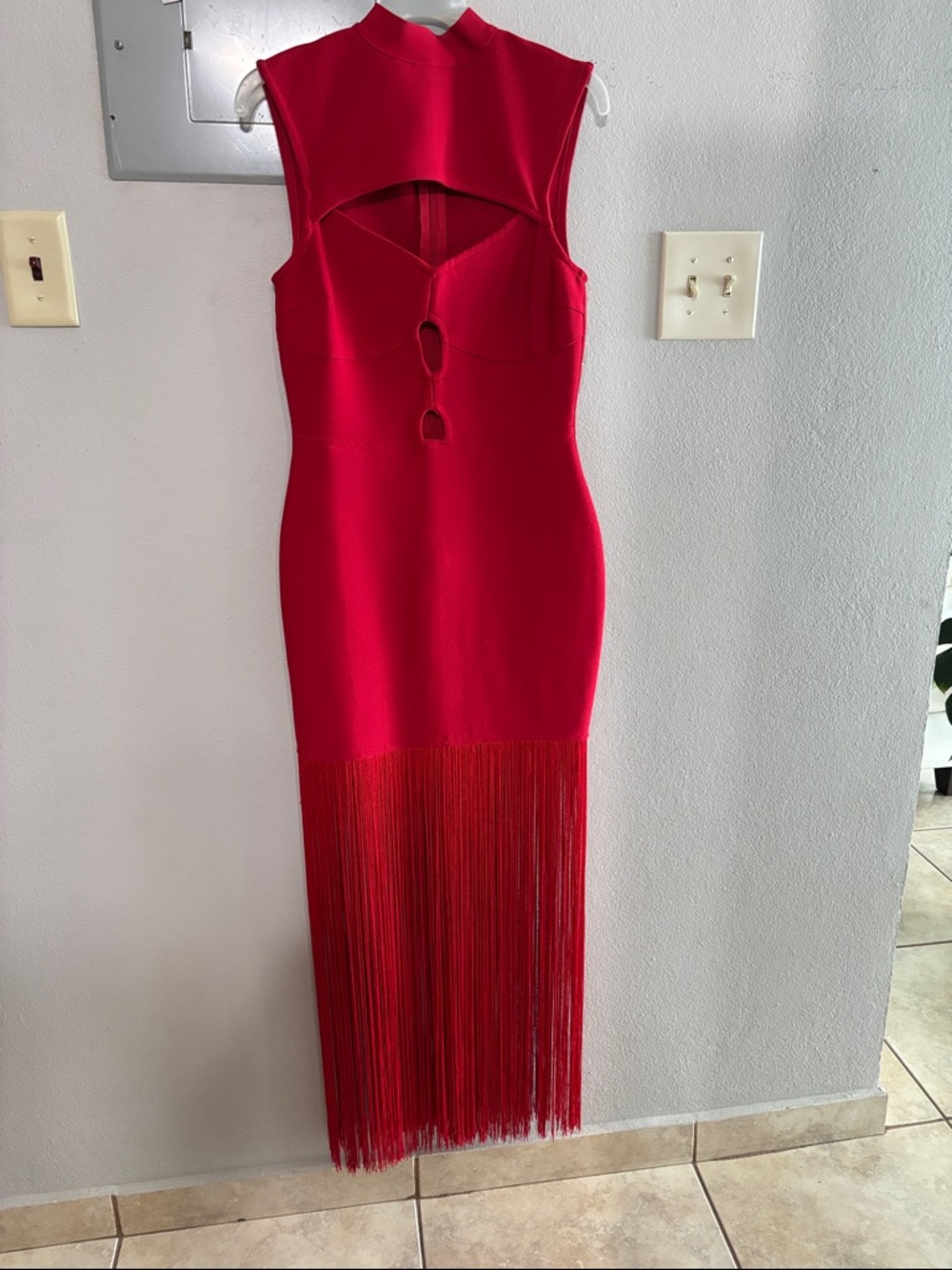 Red Cutout Fringe Bodycon Dress